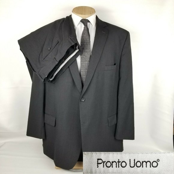 Pronto Uomo Mens Suit 54L Black Wool 2 Button - Picture 1 of 12